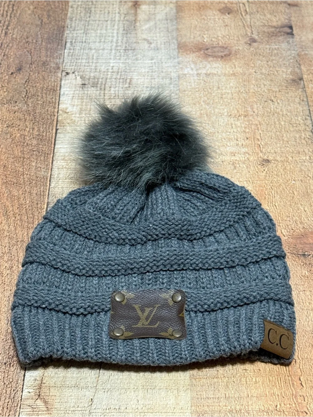 Upcycled luxury CC Pom Pom gray beanie hat  One size  Good pre owned condition